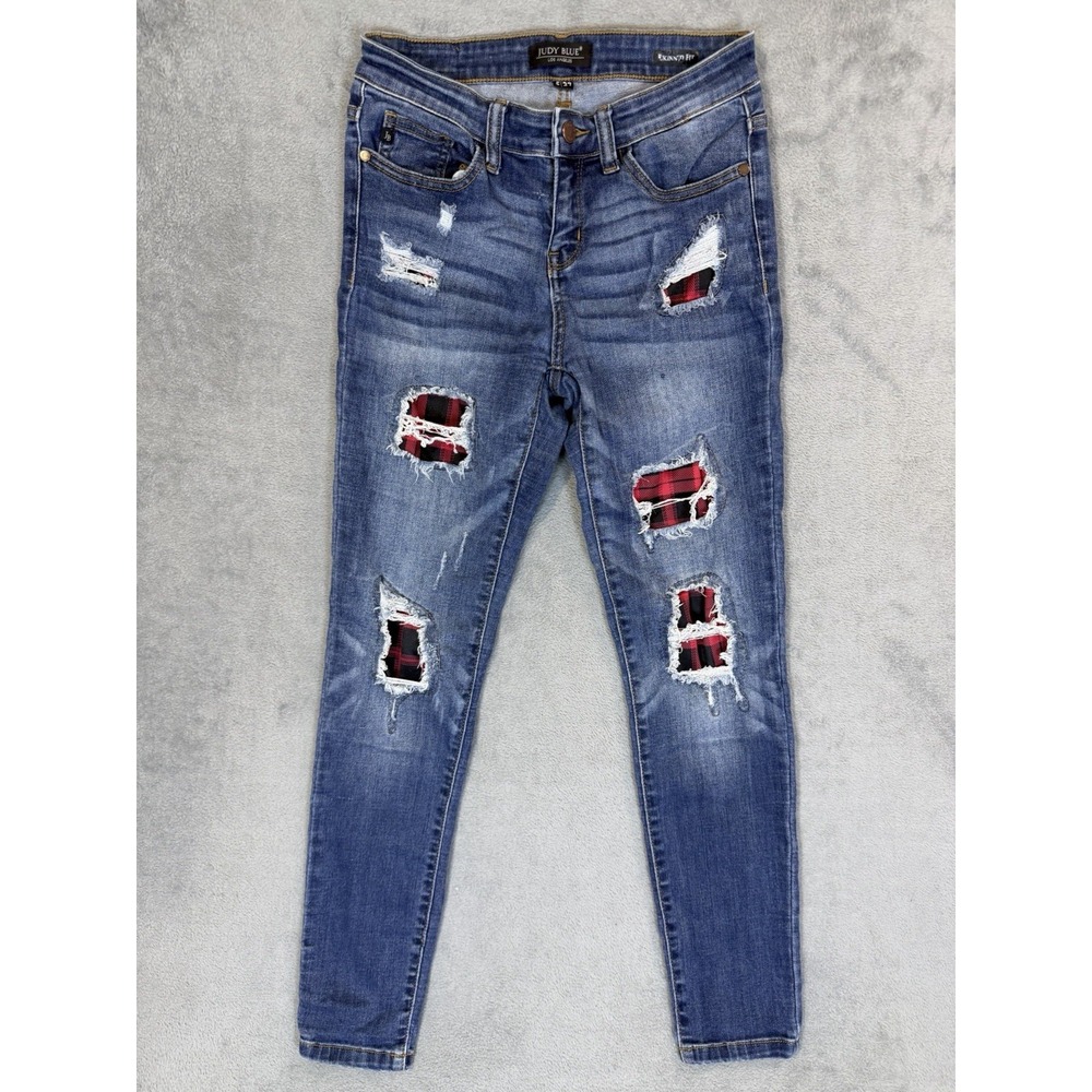Judy Blue Jeans Womens 5/27 Blue High Rise‎ Skinny Distressed Flannel Patches